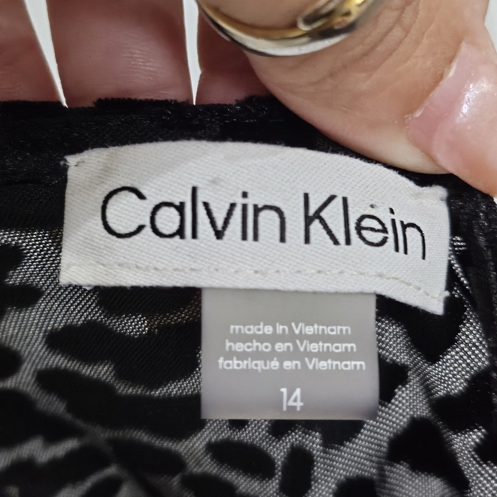 Calvin Klein Black Leopard Print Velvet Chiffon Midi Dress Long Sleeve Slit M. - Picture 7 of 11